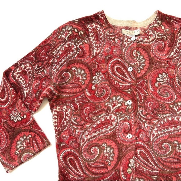 Tweeds Lambs Wool Angora Blend Red Pink Paisley 3/4 Sleeve Cardigan Size Small P - Picture 10 of 11